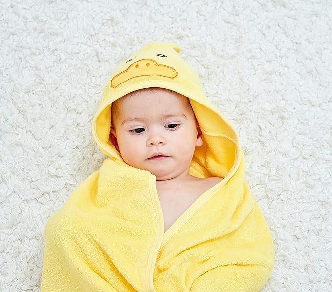 HIPHOP PANDA Hooded Towel - Rayon Made from Bamboo, Bath Towel with Bear Ears for Newborn, Babie, Toddler, Infant - Absorbent Large Baby Towel - Yellow Duck, 30 x 30 Inch