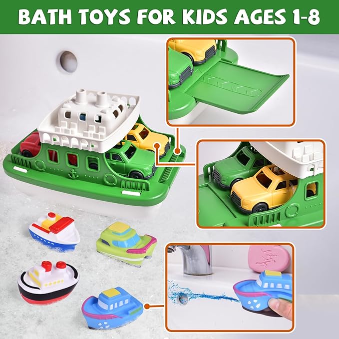 Toy Boat Bath Toys for Toddlers with 4 Mini Car Toys and 4 Bath Boat Squirters, Kids Ferry Boat for Bathtub Bathroom Pool Beach Toys