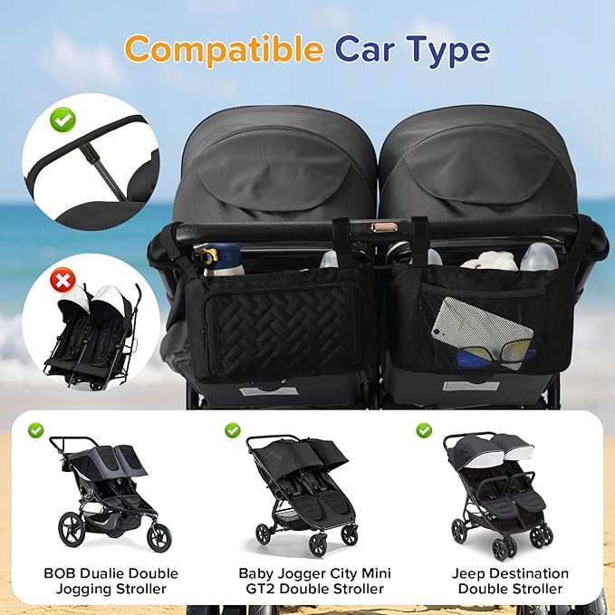 Double Stroller Caddy Organizer with 2 Insulated Cup Holder, Parent Console Fits for BOB Duallie, Jeep, Baby Jogger City Mini GT2 and UPPAbaby, Double Jogging Stroller Accessories
