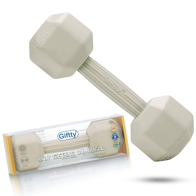 Giftty Baby Dumbbell Toy - Silicone Infant Rattle Teething Toy Teether Toddler Sensory Toy Durable Safe Exercises Workout Weight - Great Gift for Girls and Boys (1pcs 4.8oz - Cream)