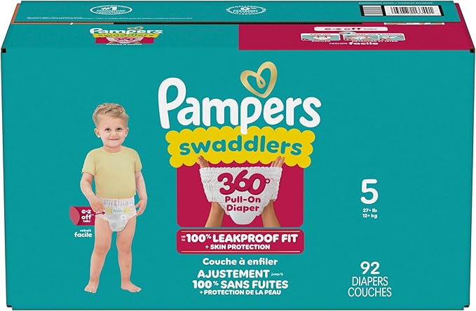 Pampers Diapers - Swaddlers 360° - Size 5, 92 Count, up to 100% Leakproof Comfy Dry Fit, Designed for Easy Changes, Pull On Baby Diaper (Packaging May Vary)