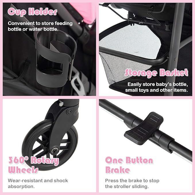 BABY JOY Baby Stroller, 2 in 1 Convertible Carriage Bassinet to Stroller, Pushchair with Foot Cover, Cup Holder, Large Storage Space, Wheels Suspension, 5-Point Harness (Pink)