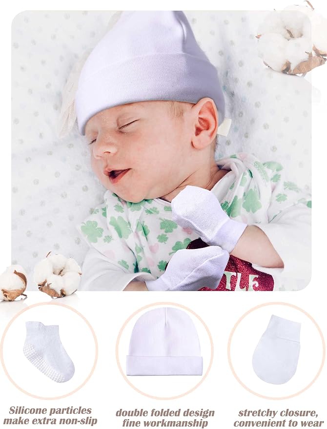 Baby Hats Mittens and Socks Set Unisex Cotton Beanie Cap and Scratch Mitten Non-Slip Baby Ankle Socks for Boys and Girls