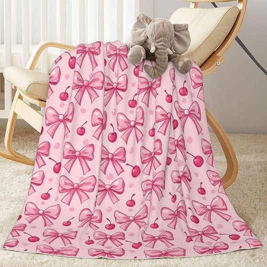 Baby Blanket Pink Bows Cherry for Boy Girl Newborn 30x40 Inch Toddler Infant Nursery Throw Blankets Double Layer Comfy Soft Plush Stroller Crib Quilt