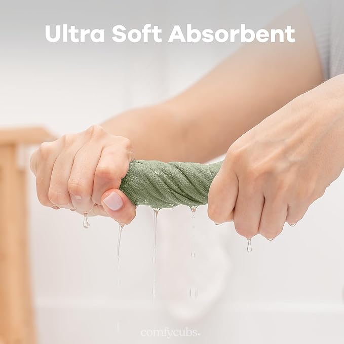 Comfy Cubs Muslin Baby Washcloths 10 Pack - Soft 6-Layer Cotton Wash Cloths for Sensitive Skin - 10"x10" Large, Gentle, Absorbent Infant Essentials for Newborn and Toddlers - Sage