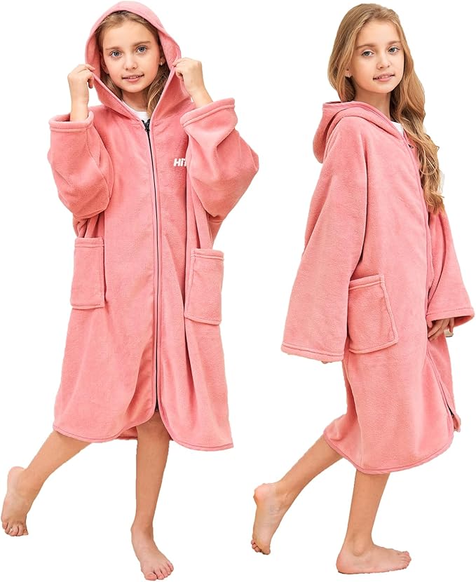 Hiturbo Kids Bath Towel Hoodie: Soft Plush Zipper Surf Poncho - Warm Fleece Changing Towels Swimming Outerwear (Pink)