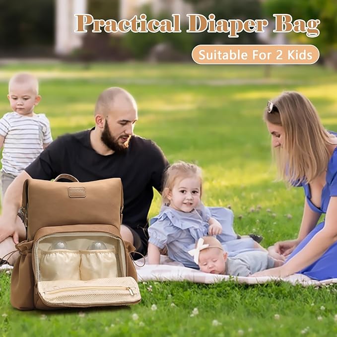 miss fong Diaper Bag Backpack - Baby Diaper Bag Neoprene Bag Large Capacity Neoprene Backpack with Diaper Changing Pad Travel Diaper Backpack Baby Backpack with 12 Pockets for Mom & Dad -Brown