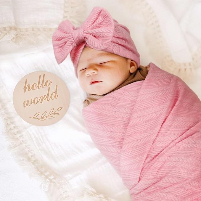 Newborn Receiving Blanket with Bow Hat Headband Wooden Card Set Wheat-Pattern Newborns Toddler Baby Boy Girl Nursery Swaddle Wrap