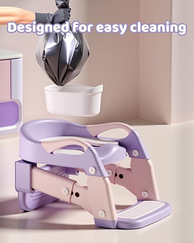 3-in-1 Potty Training Seat & Training Toilet & Potty Chair, Height Adjustable Toddler Toilet Seat for Kids Boys Girls, Foldable Potty Training Toilet with Splash Guard and Anti-Slip Steps