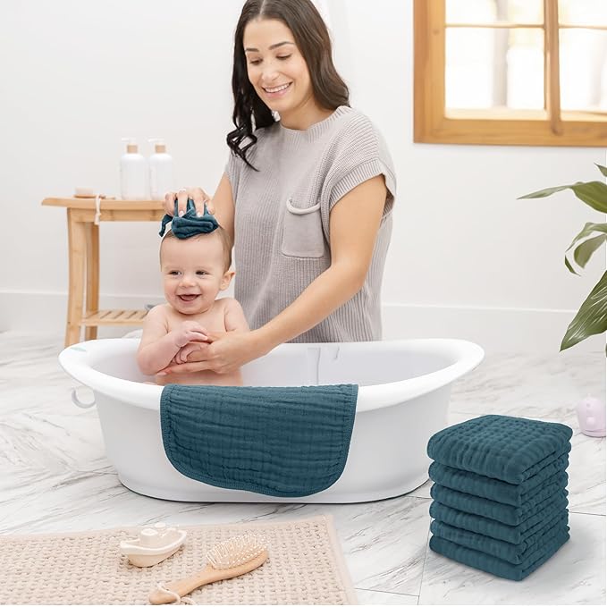 Comfy Cubs Muslin Baby Washcloths 10 Pack - Soft 6-Layer Cotton Wash Cloths for Sensitive Skin - 10"x10" Large, Gentle, Absorbent Infant Essentials for Newborn and Toddlers - Neptune