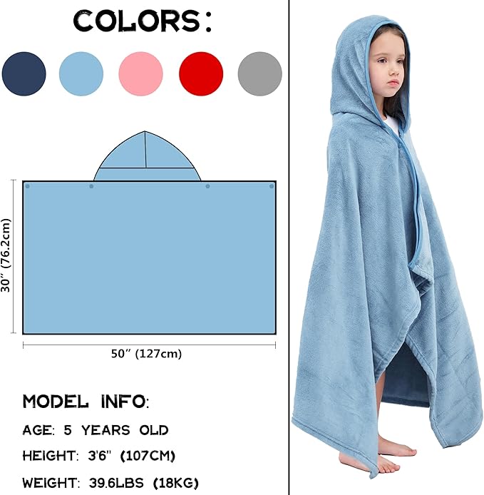 Hiturbo Kids Fleece Hooded Bath Towel: Soft Plush Pool Beach Towel Blanket - 50"x30" Toddler Towels Wrap for Boys Girls 3-12 Years (Blue)