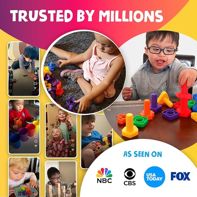 Skoolzy 24-Piece Nuts and Bolts - Montessori Motor Skill Set for 18 Month+ Kids with eBook