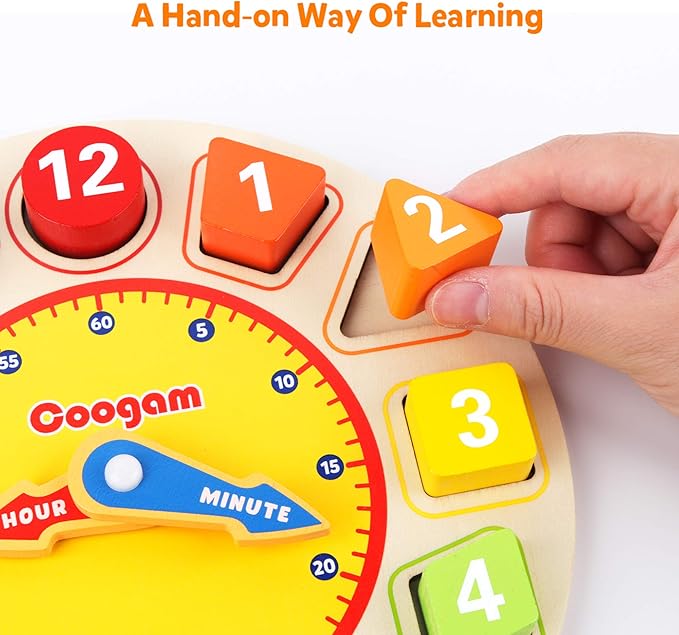 Coogam Wooden Shape Color Sorting Clock – Teaching Time Number Puzzle Stacking Sorter Jigsaw Montessori Early Learning Educational Toy Gift for Year Old Kids