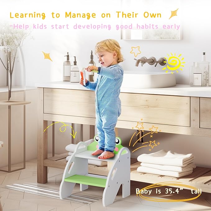 Frog-Themed Toddler Step Stool, 2-Step Stool for Bathroom Sink & Potty Training, Kids Kitchen Helper Stool with Safety Handles (Natural Wood, 120lbs Capacity)(Green)