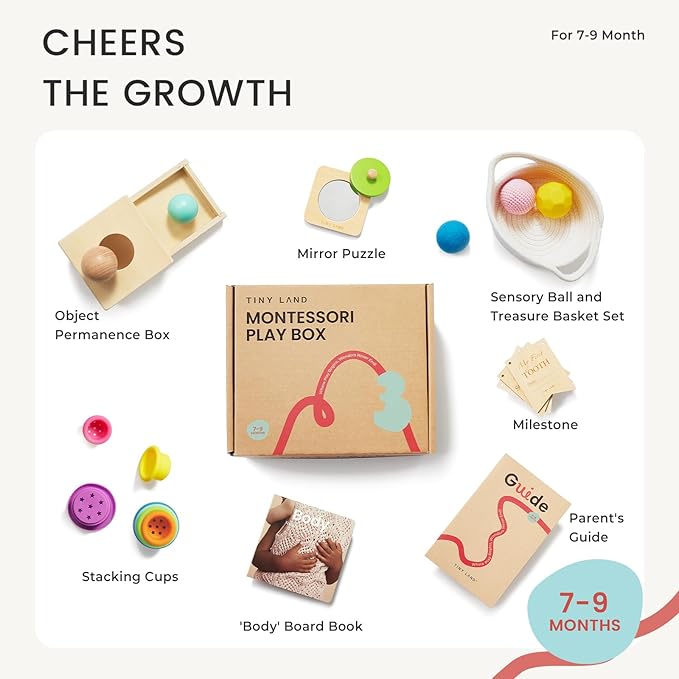 Tiny Land Montessori Toy Set for Babies 7-9 Months Senser Play Kit - 5-in-1 Wooden Learning Toys with Object Permanence Box, Sensory Ball, Stacking Cups and Mirror Puzzle,Body Board Book