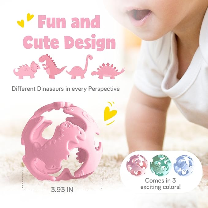 Dinosaur Baby Teething Toys, Textured Sensory Toys for Babies, Lightweight Soft Baby Sensory Toys, BPA-Free Silicone Infant Teething Toys, 0-18 Months, Teething Baby, Easy to Clean - Peach Pink