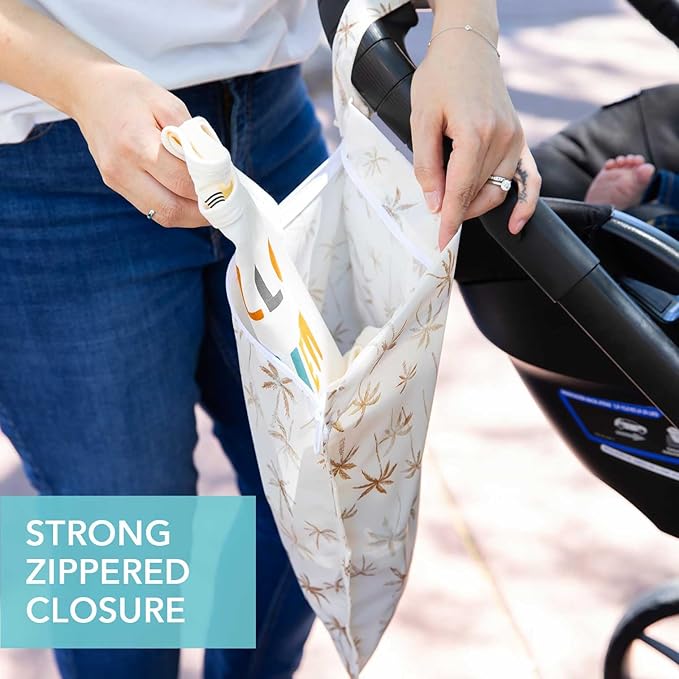 Bumkins Waterproof Wet Bag for Baby, Travel, Swim Suit, Cloth Diapers, Pump Parts, Pool, Beach, Gym Clothes, Toiletry, Hook to Stroller, Daycare, Zipper Reusable Wetdry Packing Pouch, Palm Trees