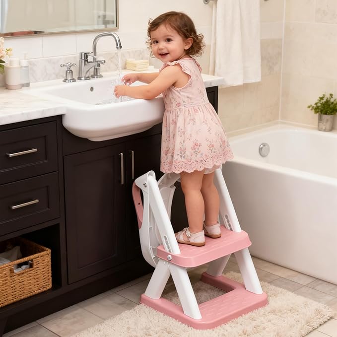 SKYROKU New Sector-Shape Stabilized Base 2-in-1 Toddler Toilet Seat, Potty Training Toilet with Splash Guard, Anti-Slip Pad, and Step Stool (Dark Blue) (8868-Pink)