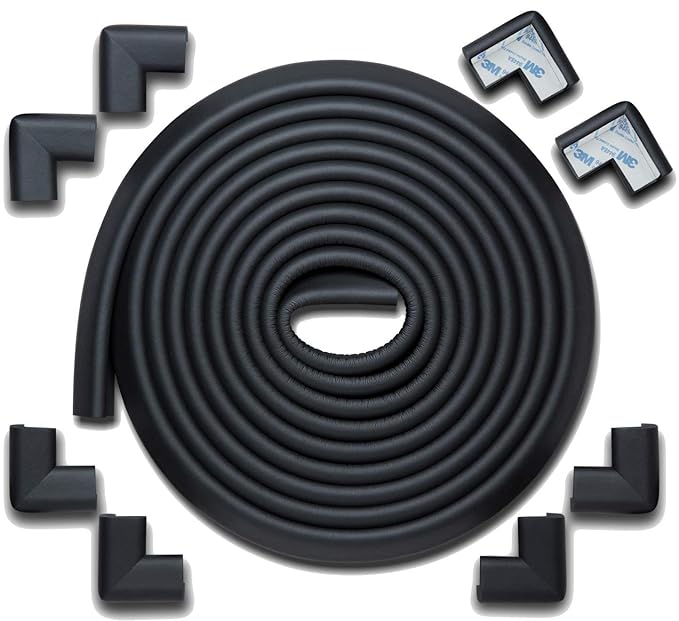 Roving Cove HeftyFit Edge Corner Protector Baby Proofing (Large 18ft Edge 8 Corners), Heavy-Duty, Soft NBR Rubber Foam, Furniture Fireplace Safety Bumper Guard, 3M Adhesive, Onyx Black