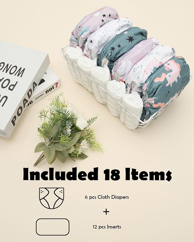 ALVABABY Baby Cloth Diaper 6 Pack with 12 Inserts One Size Cloth Diaper Covers Adjustable Washable Reusable for Baby Girls and Boys 6DM124