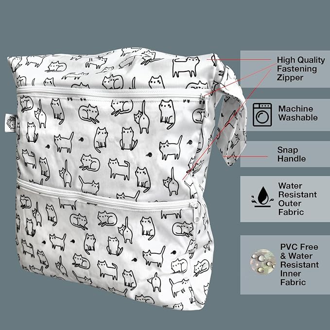 FLOCK THREE 3D Waterproof and Washable Wet Bag Luggage Organiser for Travel storage Stroller Daycare Baby Diapers Yoga Beach Pool Swimsuits Luggage Packing for Travel Accessories (White Cats)