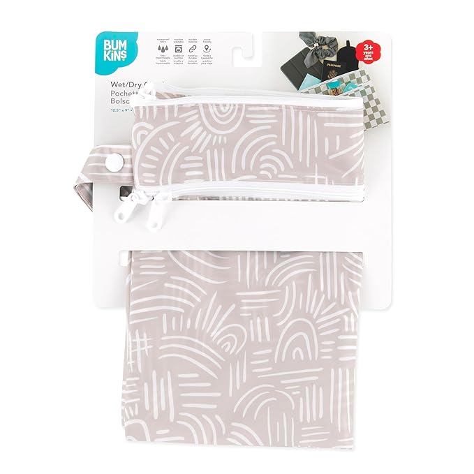 Bumkins Waterproof Wet Dry Clutch Bag for Baby, Travel, Swim Suit, Cloth Diapers, Pump Parts, Pool, Gym Clothes, Toiletry, Hook to Stroller, Daycare, Zip Reusable Bag, Packing Pouch, Boho Beige