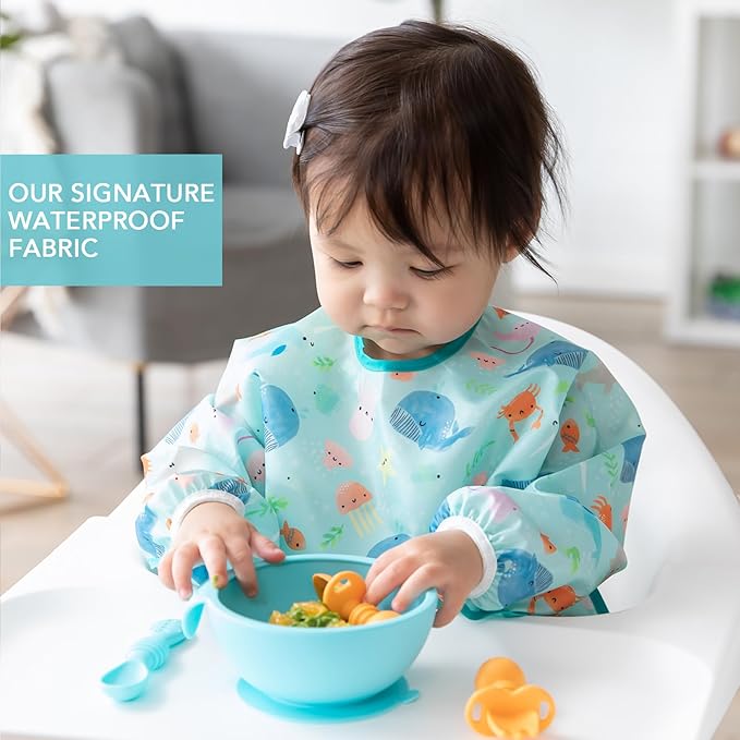 Bumkins - SuperBibs + Sleeved Bib - For Boys & Girls, Babies & Toddlers 6-24 Months - Lightweight, Durable, Waterproof - Catch-All Pocket -Wipeable & Machine Wash -Ocean Life & Whale Tail Blue -3 Pack