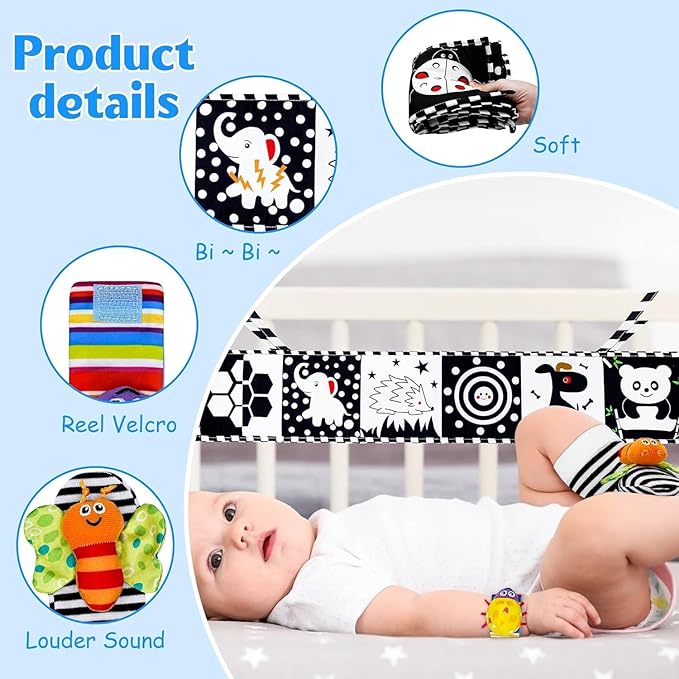 7 Pcs Black and White High Contrast Baby Toys for Newborn, Tummy Time Toys Montessori Toy for Babies 0-6 Months, Sensory Newborn Infant Toy Soft Book for 0-3 3-6 6-12 Months Boys Girls