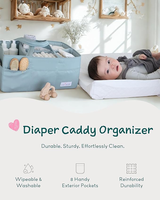 Lily Miles Baby Diaper Caddy Organizer, Wipeable Diaper Organizer Basket with 8 Pockets for Newborn Essentials, Nursery Tote Bag for Changing Table & Car Organization (Willow Green, Large)