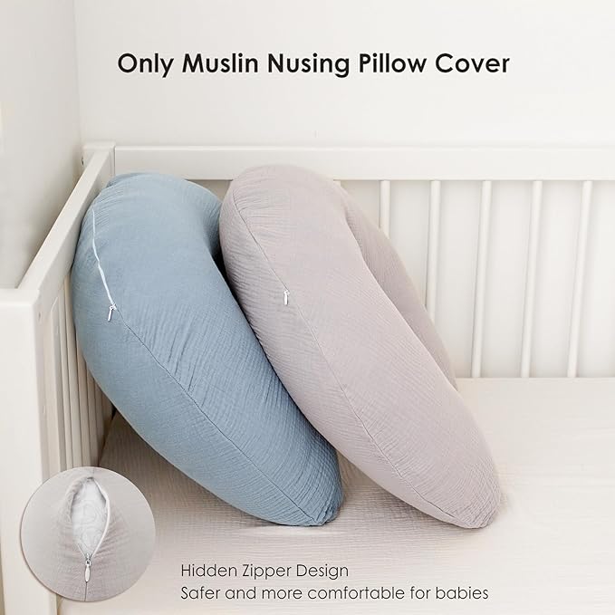 2-Pack Muslin Nursing Pillow Covers, Breathable 100% Cotton Breastfeeding Pillow Slipcovers for Standard Nursing Pillows, Soft Covers for Baby Girls and Boys with Zipper