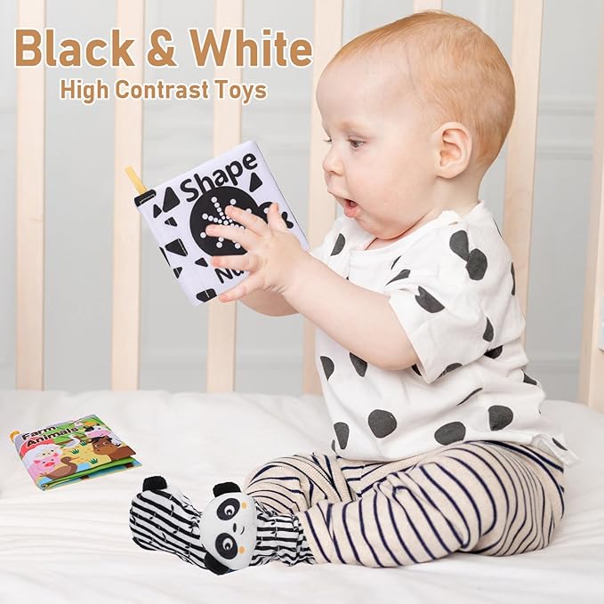 Baby Shower Gifts,Baby Girl Boy Gifts,Black & White High Contrast Baby Newborn Essentials Gift Basket with Swaddle Blanket Onesie Toys
