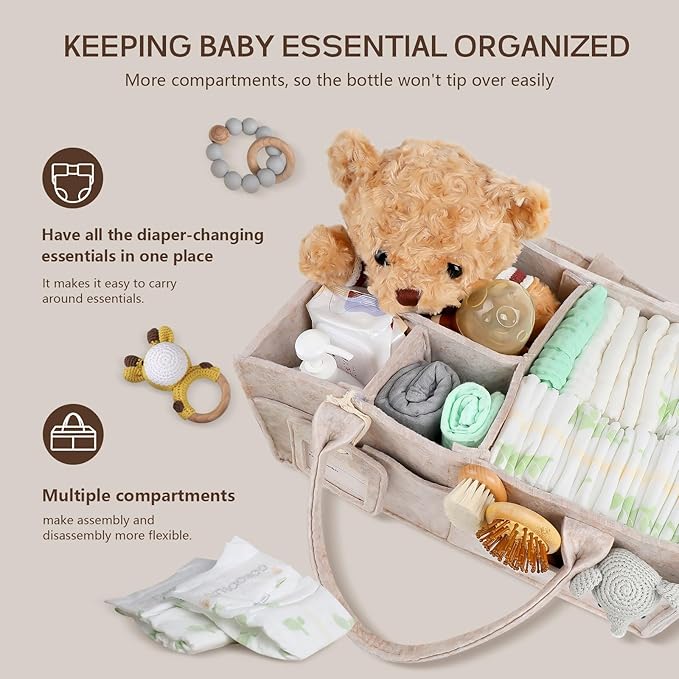 GEMII Diaper Caddy Organizer - Large Baby Caddy Organizer with Handle for Newborn Essentials Boy or Girl (Oatmeal, Large)