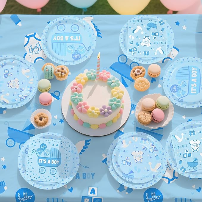 Baby Gender Reveal Decorations for 24 Guests - Boy or Girl Decorations Kit Including Disposable Plates, Napkins, Cups, Tablecloth & Banner for Baby Shower Party Decorations