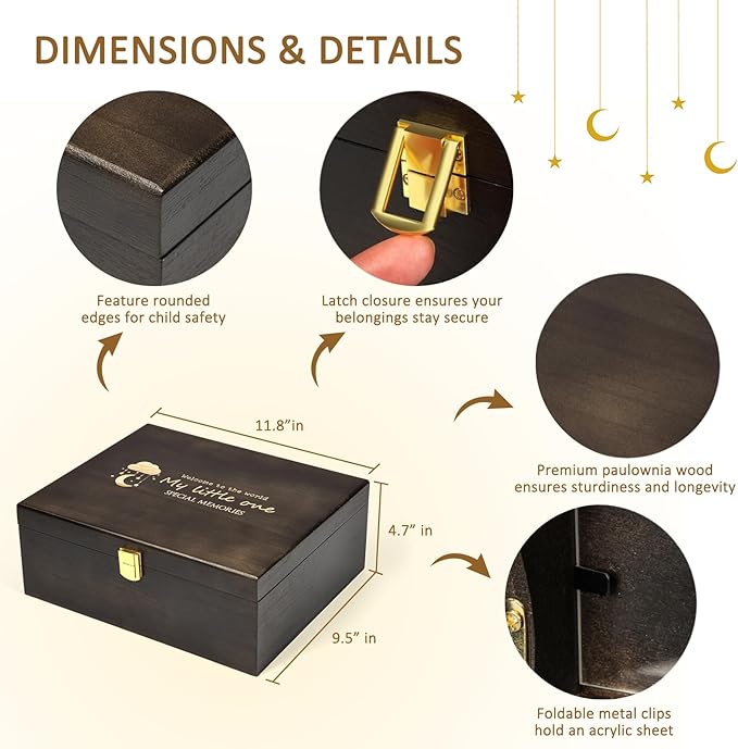 Baby Keepsake Box Wooden with 6 Additional Items - Baby Shower Gifts for Girls Boys New Mom, Newborn Essentials Must Haves Memory Box with Tooth Fairy Tooth Holder, Engraved with Guidelines, Large