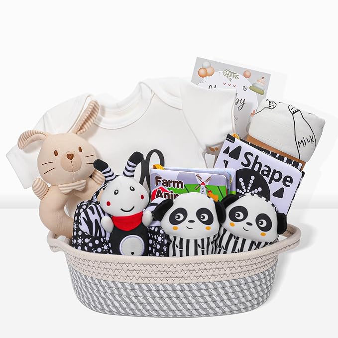 Baby Shower Gifts,Baby Girl Boy Gifts,Black & White High Contrast Baby Newborn Essentials Gift Basket with Swaddle Blanket Onesie Toys