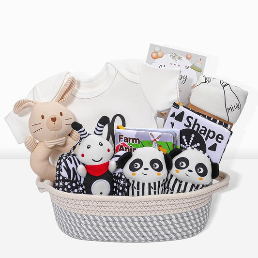 Baby Shower Gifts,Baby Girl Boy Gifts,Black & White High Contrast Baby Newborn Essentials Gift Basket with Swaddle Blanket Onesie Toys