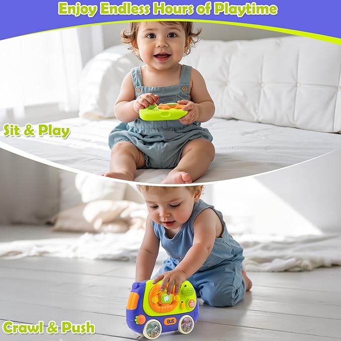 Ayyomo 3 in 1 Montessori Toys Bus, Light Up Baby Musical Toys for Toddlers 1-3 Year Old, Road Trip Busy Board for Car Seat Travel Essential, 2 Bell Wheel Sensory Toys, Birthday Gift for Boy Girl Kid