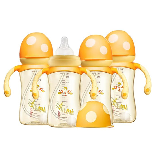 YOHKOH Natural PPSU Baby Bottle with Natural Response Nipple, Newborn Anti-Colic Baby Bottles with Handle, Wide Neck Mushroom Cap Baby Bottle (8.8oz (Pack of 4), Yellow1)