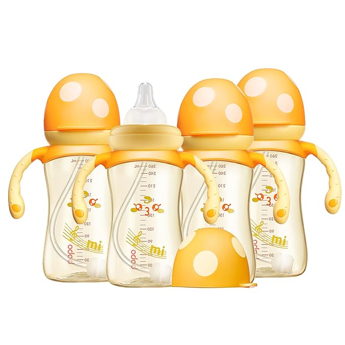 YOHKOH Natural PPSU Baby Bottle with Natural Response Nipple, Newborn Anti-Colic Baby Bottles with Handle, Wide Neck Mushroom Cap Baby Bottle (8.8oz (Pack of 4), Yellow1)