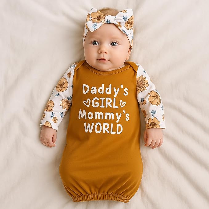 Newborn Baby Girl Gown 0-6 Months, Super Soft Newborn Sleepers Gown, Long Sleeve Infant Nightgown for Girls, Baby Girl Outfit Essential with Headband Set Orange Yellow