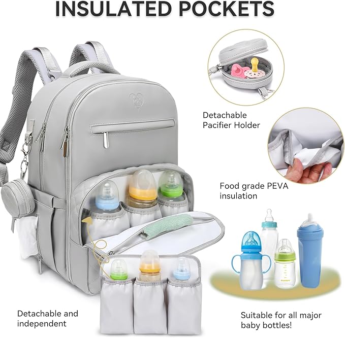 Award-Winning Premium Leather Diaper Bag Backpack – Stylish, Durable, Waterproof Vegan Leather with PEVA Changing Pad & Baby Headrest, Travel-Friendly, Organized for Busy Parents