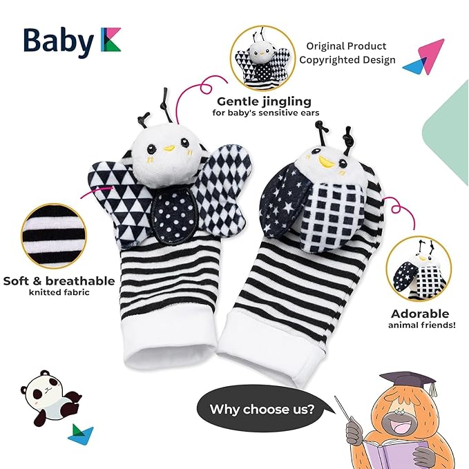 BABY K Rattle Socks & Wrist Rattles and Hand Rattle (Set E+ Flower) - Newborn Toys for Baby Boy or Girl - Brain Development Infant Toys - Hand and Foot Rattles Suitable for 0-3, 3-6, 6-12 Month Babies