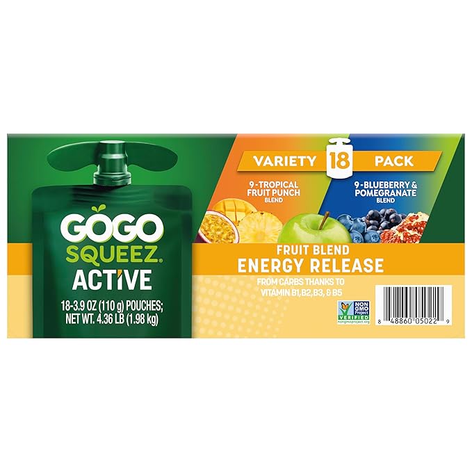 GoGo squeeZ Active Fruit Blend Energy Release | 18-Count Variety Pack | Tropical Fruit Punch and Blueberry & Pomegranate | Made with Real Fruit and B Vitamins
