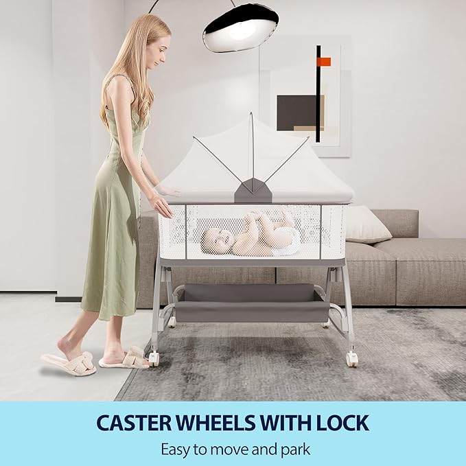 3 in 1 Baby Bassinet Bedside Sleeper with Mattress and Wheels, 5 Height Adjustable Bed Side Bassinets for Newborn, Gray Rocking Bassinet for Baby