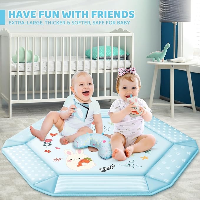 Baby Gym Play Mat, 8-in-1 Tummy Time Mat & Ball Pit with 6 Toys, Washable Baby Activity Mat for Visual, Hearing, Sensory, Motor Development, Baby Gift for Newborn Infant 0-3-6-9-12 Months (Blue)