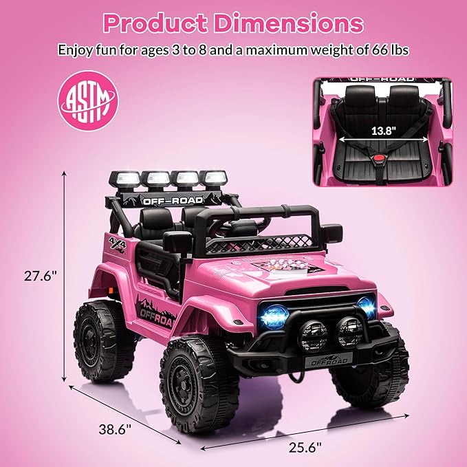 GarveeLife 12V Kids Ride On Car, Ride On Toy for Kids Ages 37-96 Months, Electric Truck with 5MPH Max Speed, Remote Control, Steering Wheel, Accelerator Pedal, Treaded Tires, Music and Story, Pink