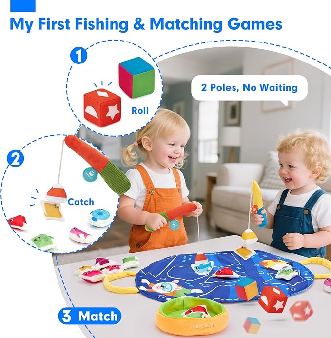 hahaland Montessori Toys for 1 Year Old - Fishing Game for Toddlers 1-3 with Shapes Colors Learning Mat, Dices, Fish, 2 Poles, Cards, 1 Year Old Educational Toys Stocking Stuffers Toddler Games Ages 2
