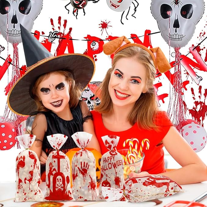 100 PCS Halloween Cellophane Bags(5.1x10.6 Inch) with Ties Horror Ghost Blood Theme Trick or Treat Bag Goodie Candy Gifts Bags Pouches for Halloween Wicked Party Favors Supplies Birthday Decorations