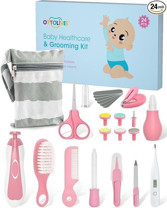 OTTOLIVES Baby Healthcare and Grooming Kit, 24 in 1 Baby Electric Nail Trimmer Set Newborn Nursery Health Care Set for Newborn Infant Toddlers Baby Boys Girls Kids Haircut Tools (0-3 Years+) (Pink)