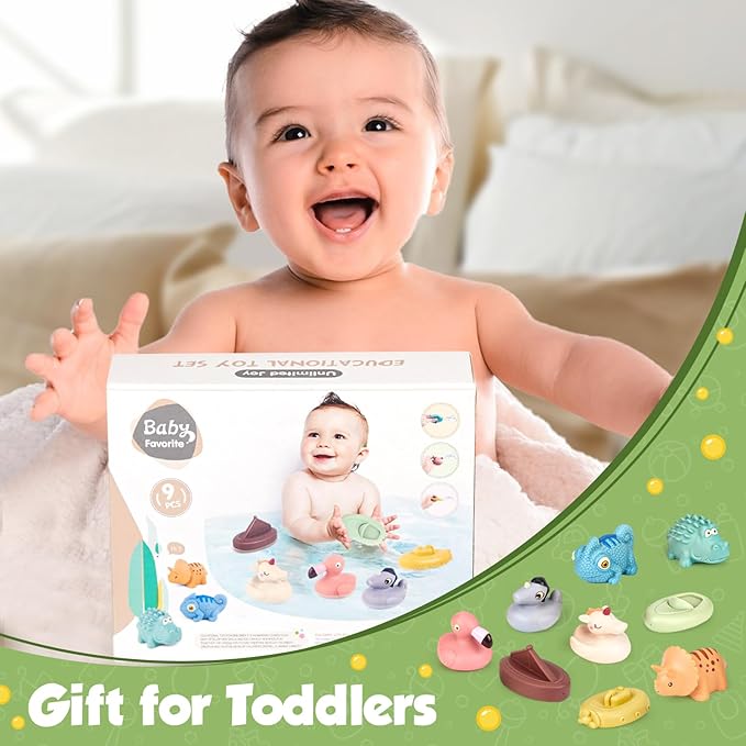 Bath Toys for Babies, 9 Pack Mold Free & No Hole Bath Toys with Rubber Floating Boats & Animals, Toddlers Bathtub Water Play Toys for Baby Gifts